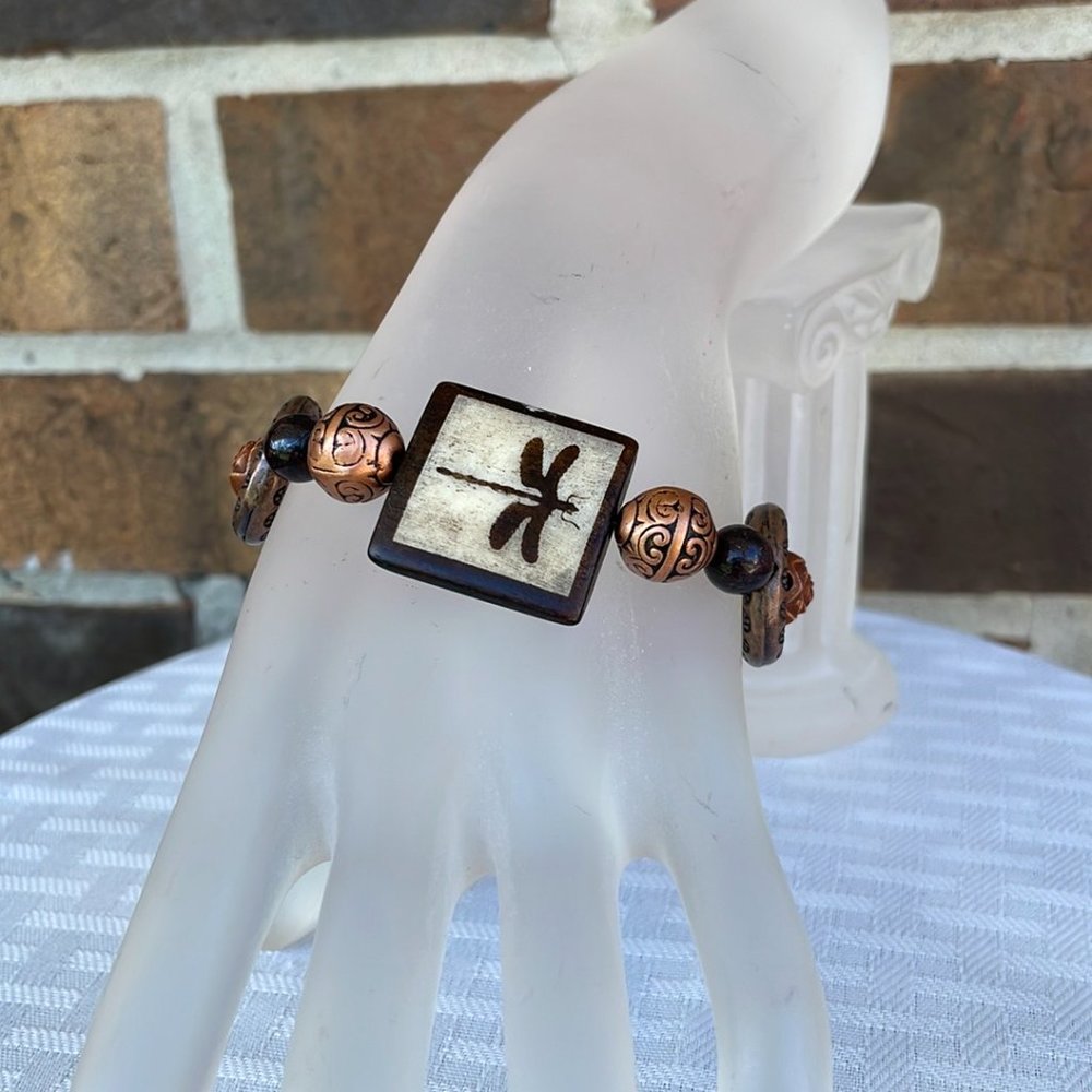 Handmade Dragonfly Wooden Bead Bracelet